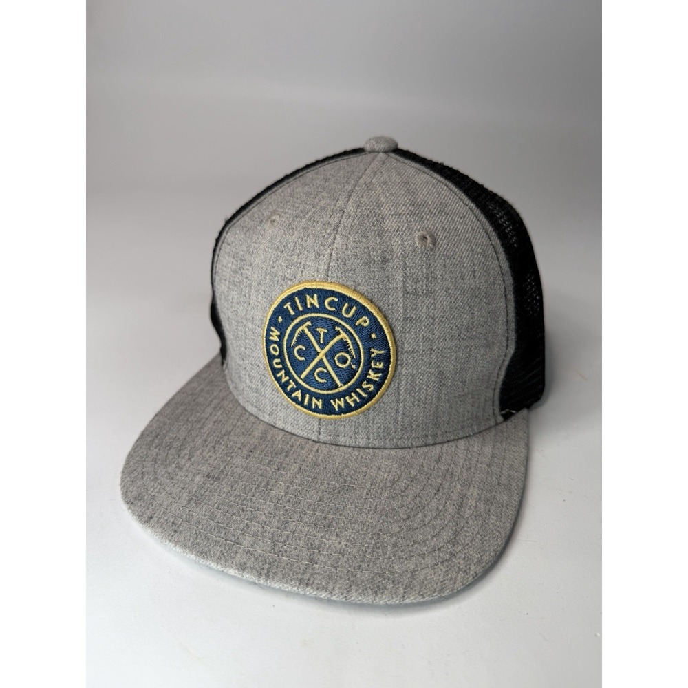 Tincup Mountain Whiskey Hat Cap Snapback Gray Black Mesh Back Round Patch